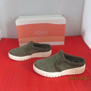 SOUL Naturalizer Truly-Cozy Faux Fur Lined Mules $80 US Size 5 1/2 - Olive 1372
